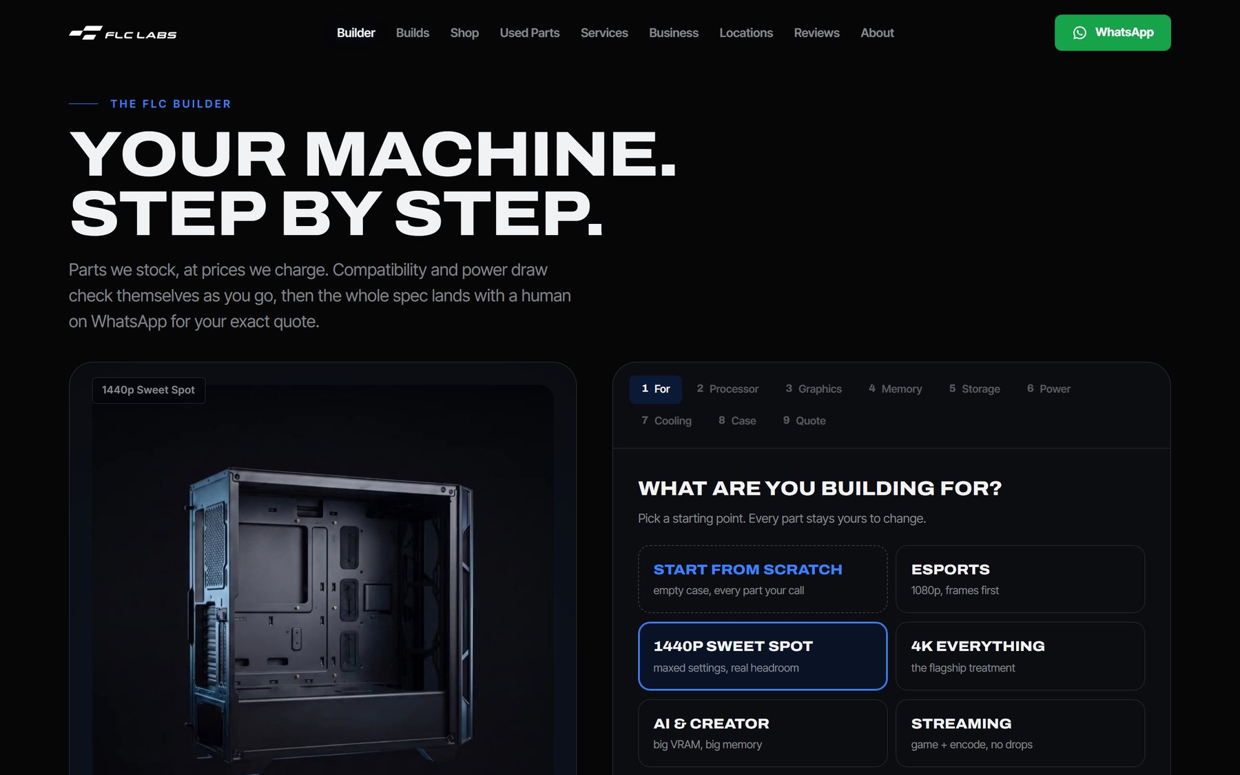 FLC Labs custom PC builder — step-by-step configurator