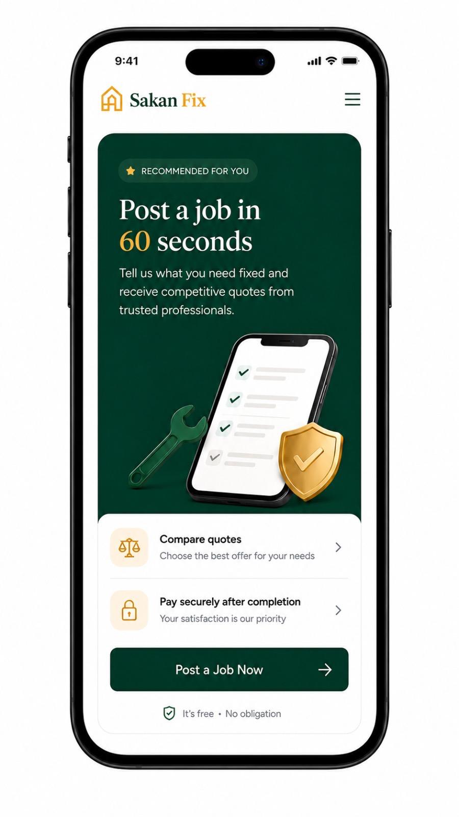 Sakan Fix — post a job in 60 seconds screen