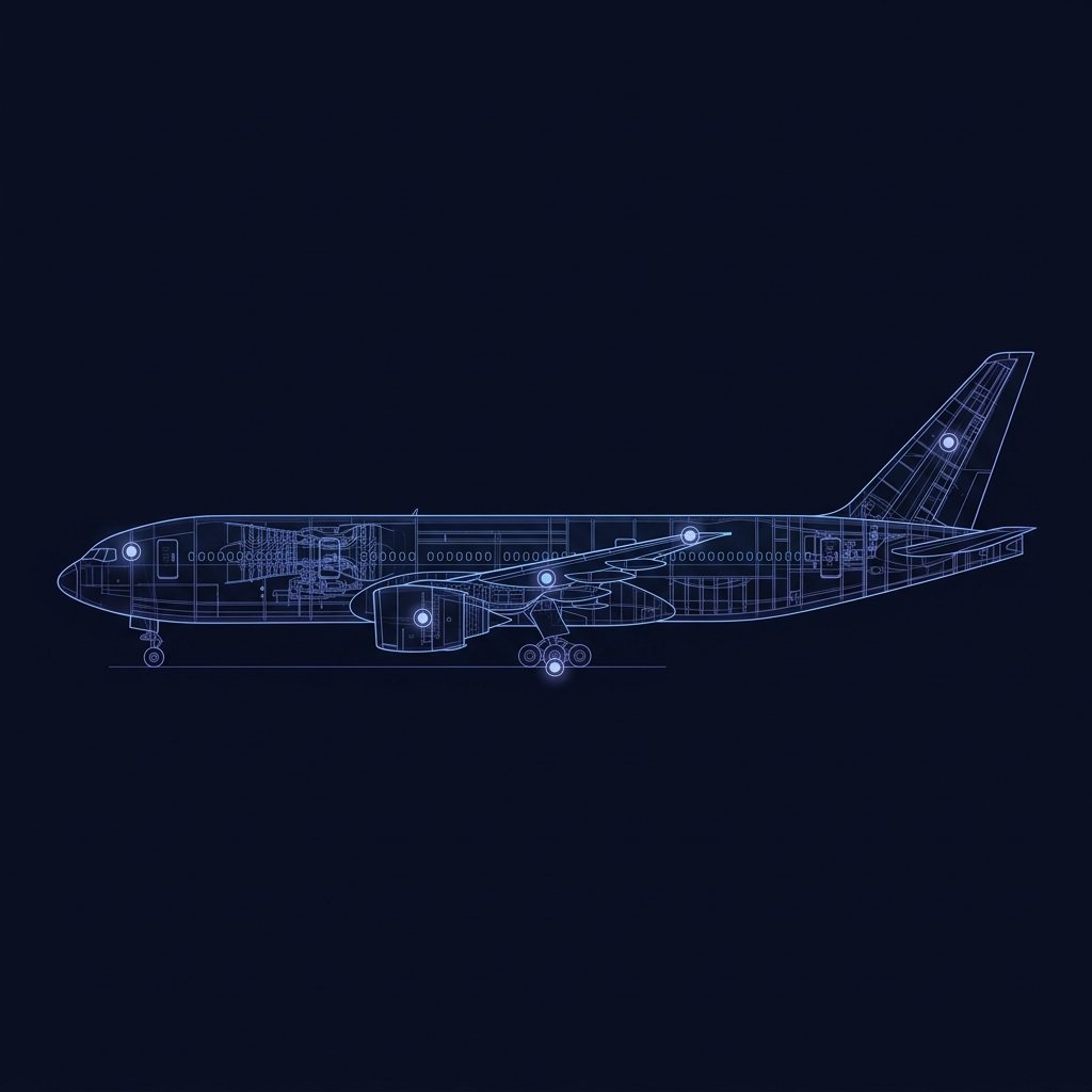A blueprint drawing of an airliner with glowing points marked at the cockpit, the engine, the landing gear, the wing, the fuselage and the tail.